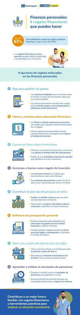 Infografía con 8 consejos para hacer regalos financieros.