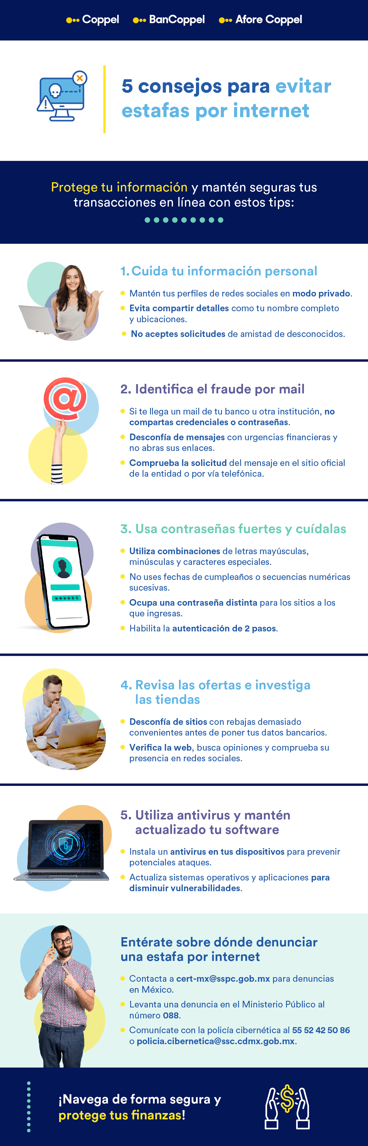 Infografía con 5 consejos para evitar estafas en internet