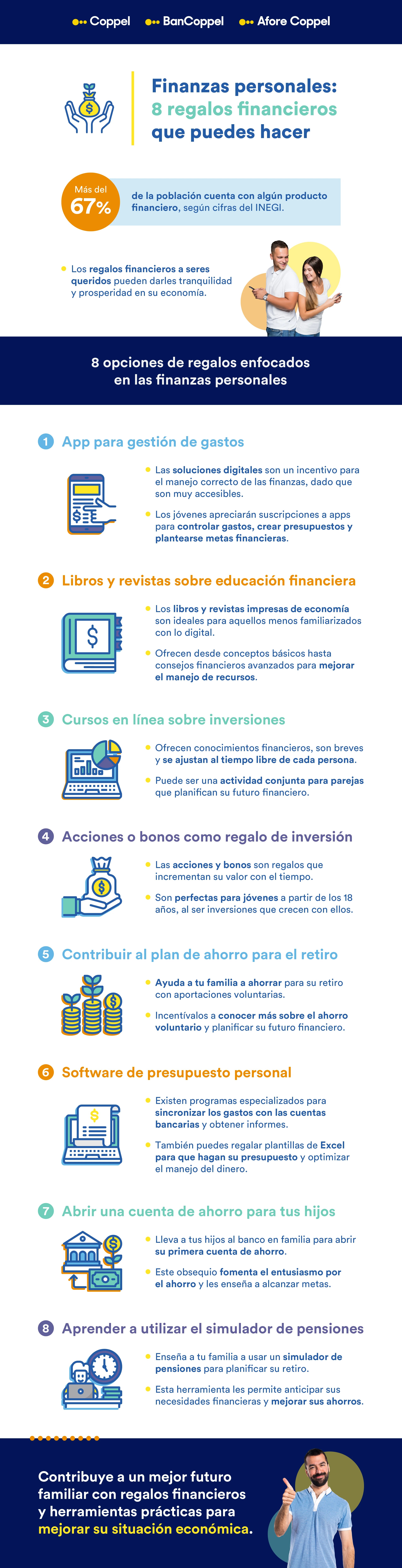 Infografía con 8 opciones de regalos enfocados a las finanzas personales