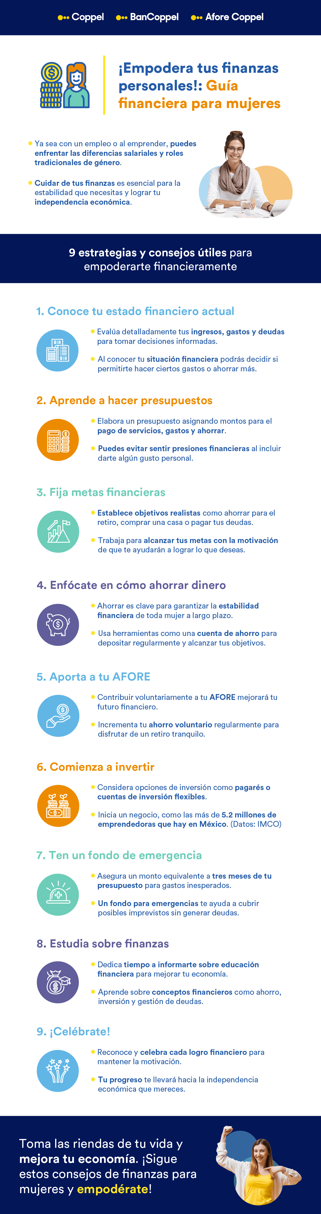 Infografía con 9 estrategias y consejos útiles para empoderarse financieramente