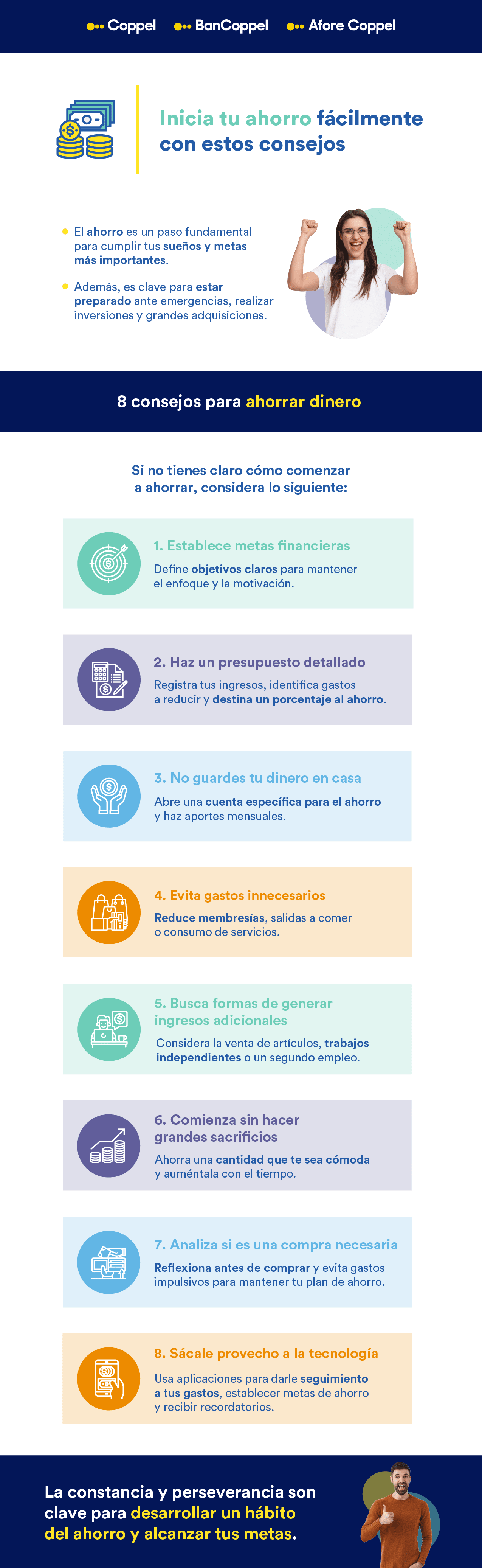 Infografía con 8 consejos para ahorrar dinero