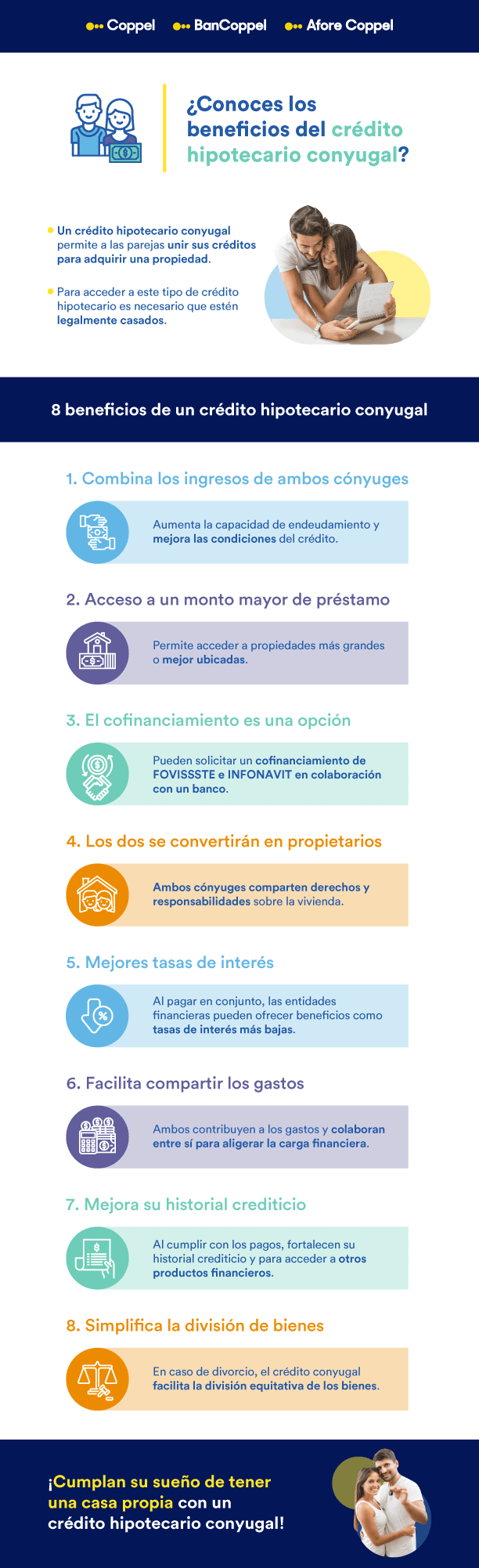 Infografía con los beneficios de un crédito hipotecario conyugal