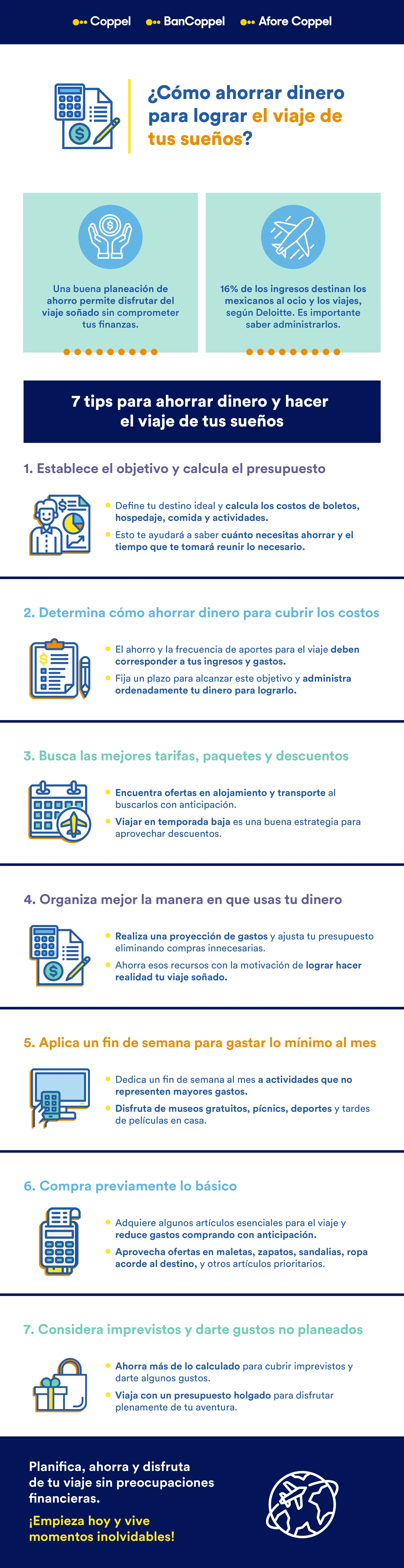 Infografía con tips para ahorrar dinero y hacer el viaje de tus sueños