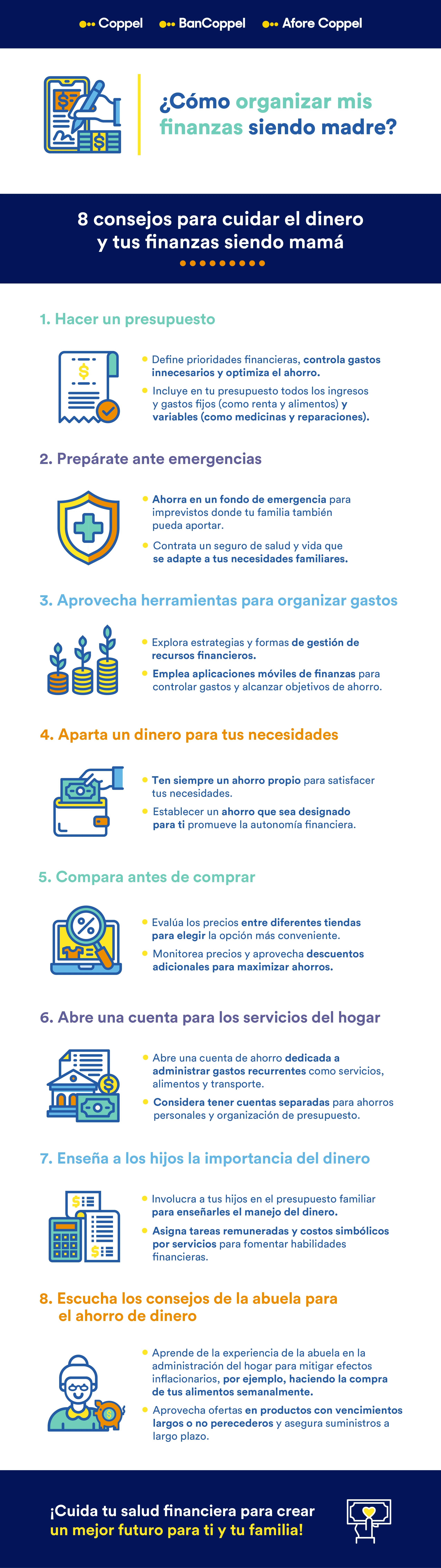 Infografía con consejos para organizar las finanzas siendo madre