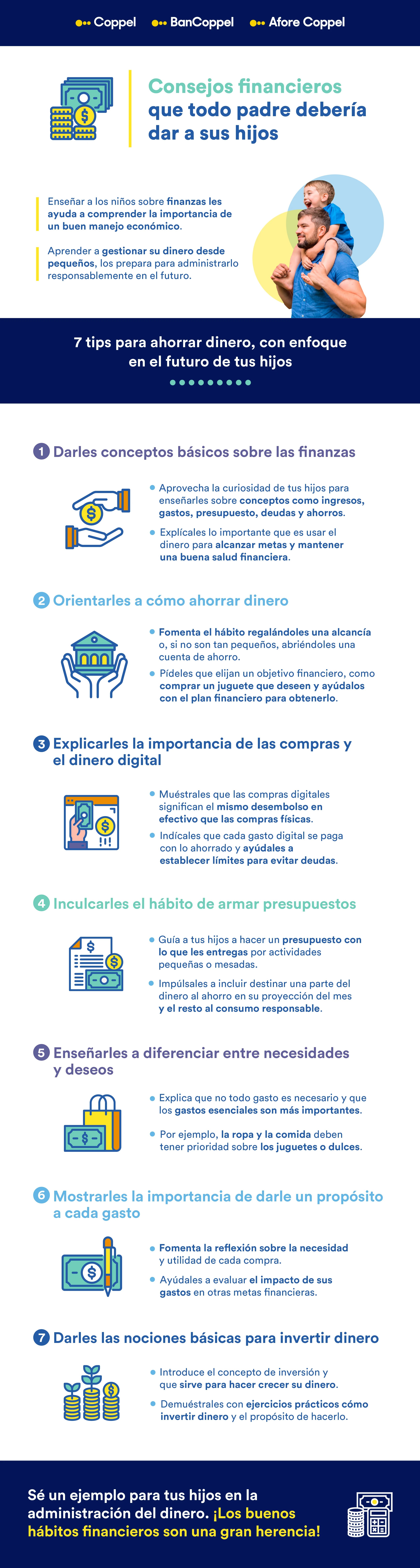 Infografía con 7 tips para ahorrar dinero para el futuro de los hijos