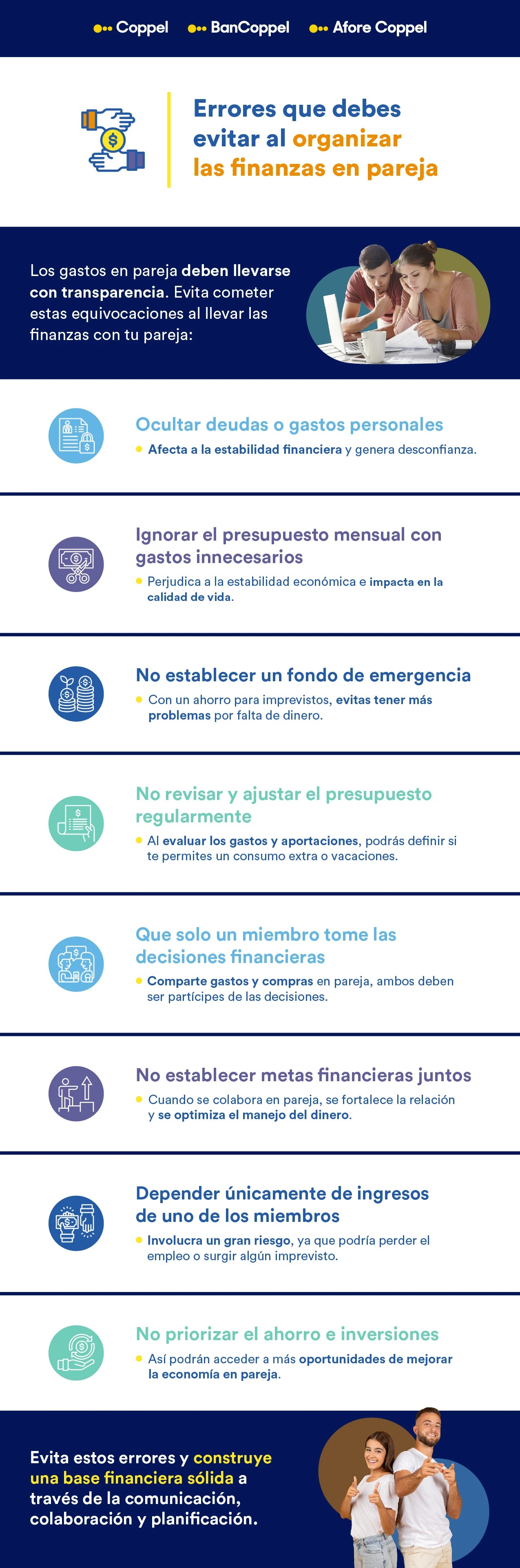 Infografía con errores que se deben evitar al tener finanzas en pareja