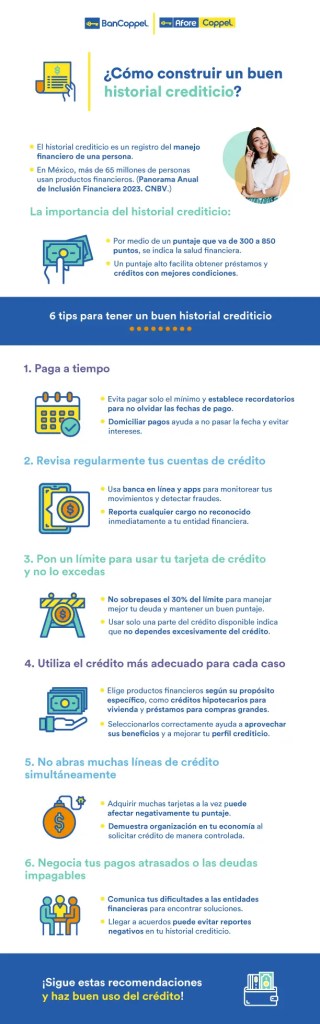 infografía con consejos para construir un buen historial crediticio.