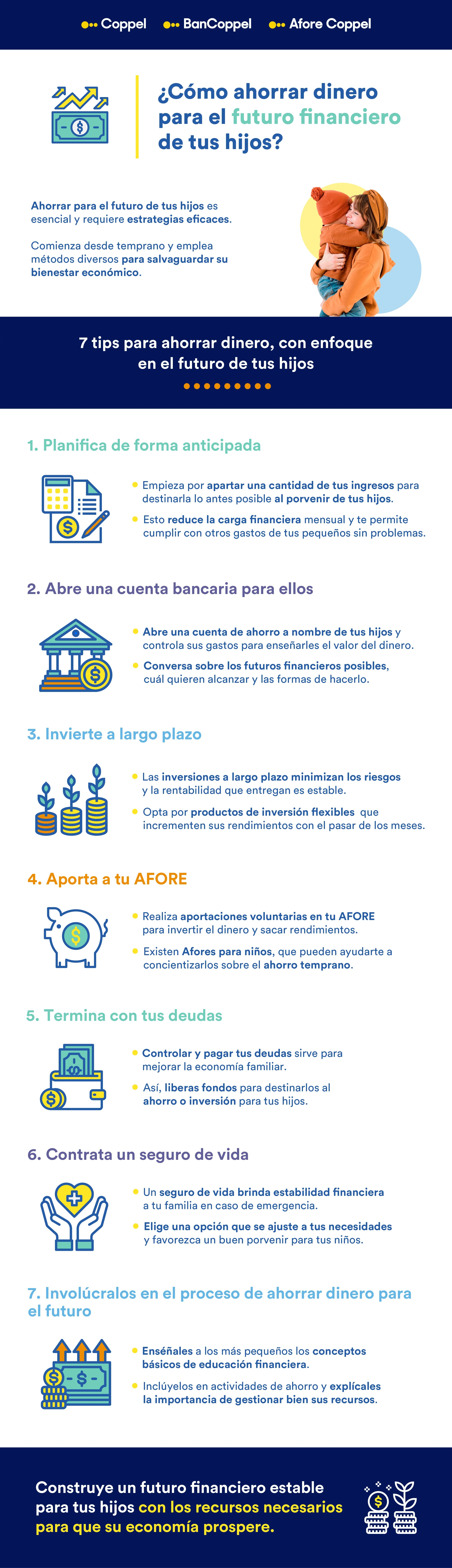 Infografía con tips para ahorrar dinero para el futuro de los hijos