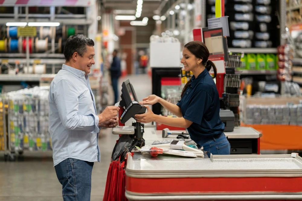 Persona pagando en un corresponsal bancario (supermercado).